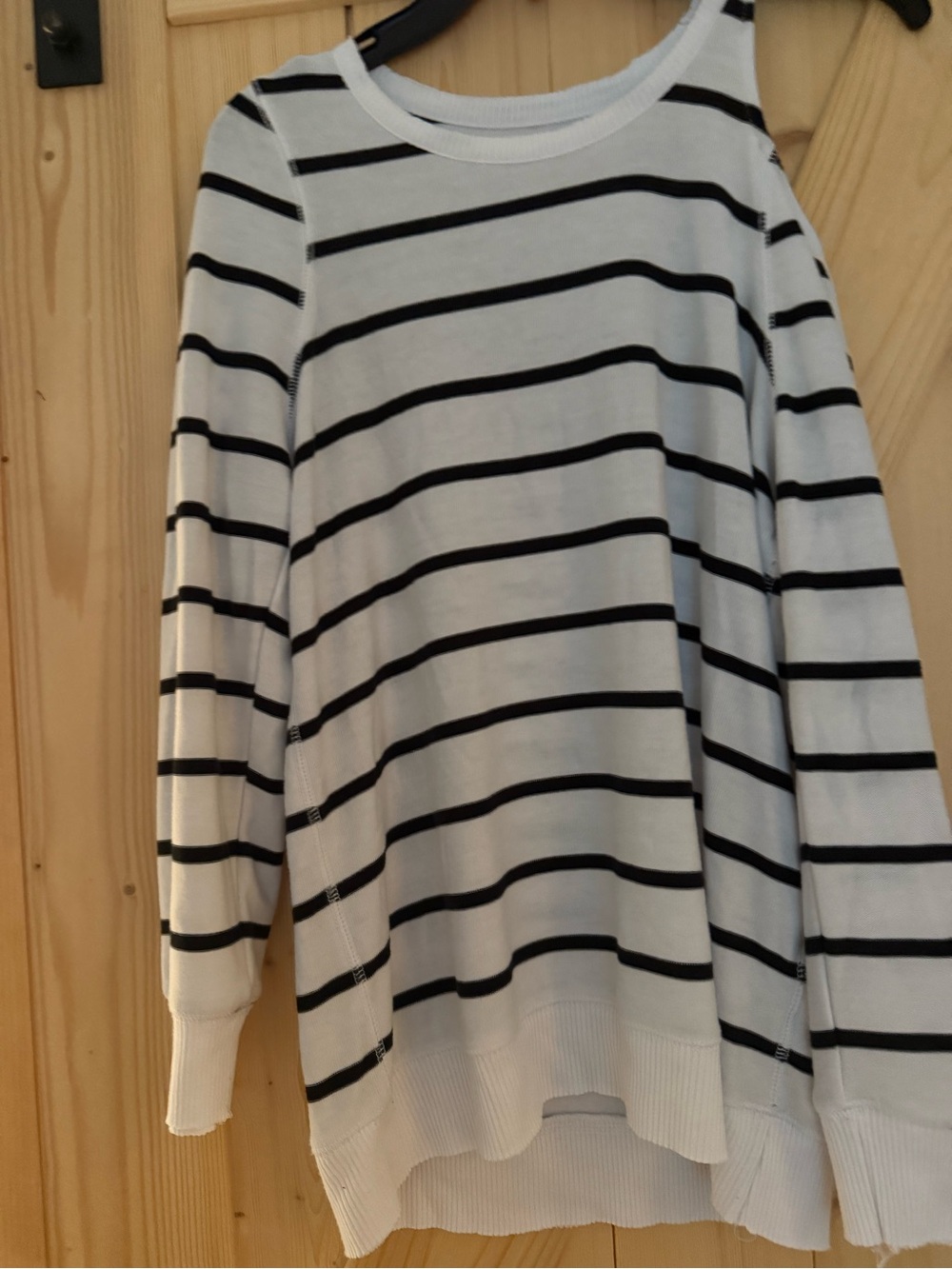Chaser Striped White and Black Lightweight Women’s shirt with shoulder cut out
